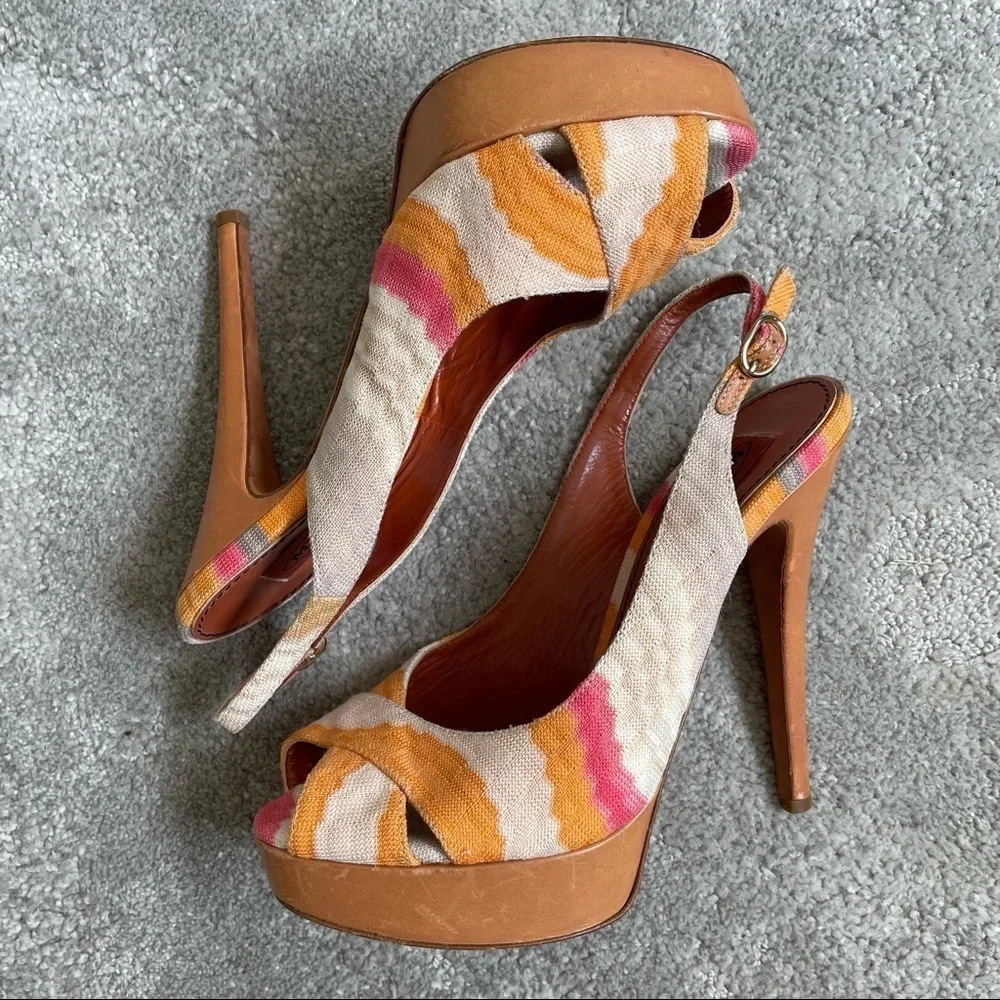Missoni Multicolor Ikat Printed Fabric Leather Slingback Peep Toe Platform Heels